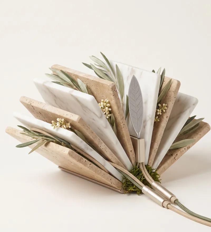 Aufgefächertes Buch aus Travertin- und Marmorplatten mit Olivenzweigen, winzigen Blüten und einem Silizium-Blatt zwischen den Seiten; aus dem Moos am Rücken führt ein geflochtenes Kabel mit Champagner-Schelle