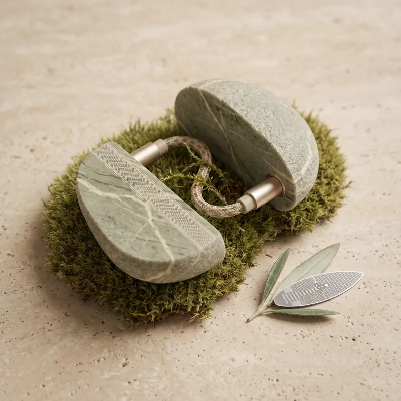 Halbierter Kiesel aus grünem Verde-Marmor auf einem Mooskissen; die beiden Hälften verbindet ein geflochtenes Kabel mit Champagner-Steckern, eine Schnittfläche trägt ein graviertes Guilloche-Band, daneben ein Olivenzweig mit Silizium-Blatt