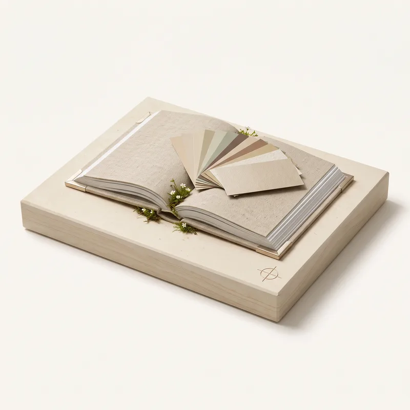 Aufgeschlagenes Musterbuch mit Farbfächer aus Papier- und Stoffproben auf einem hellen Sockel, kleine Moospolster mit weißen Blüten